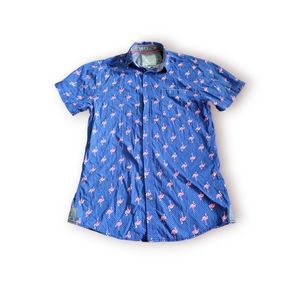 Good Vibes | Cute Vibrant Blue Polka Dot Flamingo Button Down Shirt (SIZE M)